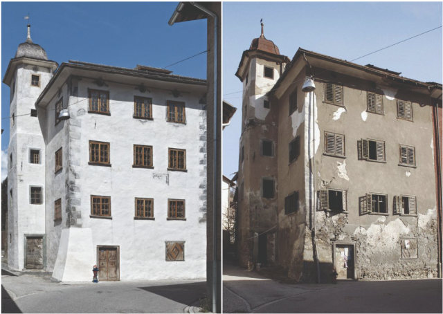 Stiftung Ferien im Baudenkmal: Das Türalihus in Valendas (GR) nach und vor der Restaurierung 